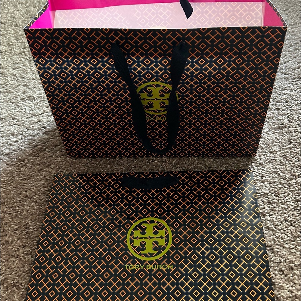 Tory Burch Medium Logo Shopping Bag in navy and orange. Size 12 X 9 X 5.